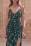 Robe longue de bal en sirène perlée vert foncé à sequins avec fente