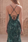 Robe longue de bal en sirène perlée vert foncé à sequins avec fente