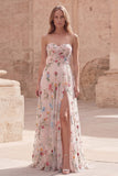 Robe de bal de bal sans bretelles en ivoire à fleurs, longue ligne A, avec fente
