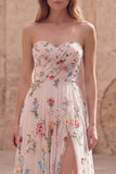 Robe de bal de bal sans bretelles en ivoire à fleurs, longue ligne A, avec fente