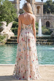 Robe de soirée longue ivoire ligne A bretelles fines imprimé floral avec fente