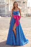 Robe longue à pois bleue sans anneau nœud avec fente