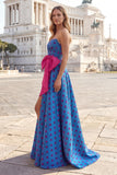 Robe longue à pois bleue sans anneau nœud avec fente