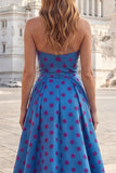 Robe longue à pois bleue sans anneau nœud avec fente