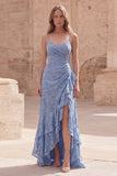 Robe longue de mariage à fentes de mariage en A Line Bleu poussiéreux