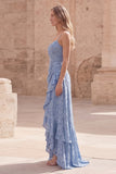 Robe longue de mariage à fentes de mariage en A Line Bleu poussiéreux