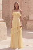 Robe longue de mariage jaune bretelle à volants A Line