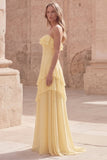 Robe longue de mariage jaune bretelle à volants A Line
