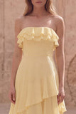 Robe longue de mariage jaune bretelle à volants A Line