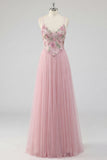 Robe de bal longue à fines bretelles en ligne rose à fleurs A
