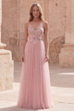 Robe de bal longue à fines bretelles en ligne rose à fleurs A