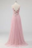 Robe de bal longue à fines bretelles en ligne rose à fleurs A