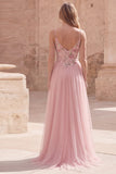 Robe de bal longue à fines bretelles en ligne rose à fleurs A