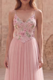 Robe de bal longue à fines bretelles en ligne rose à fleurs A