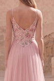 Robe de bal longue à fines bretelles en ligne rose à fleurs A