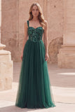 Robe de bal longue à bretelles fines vert foncé A Line
