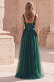 Robe de bal longue à bretelles fines vert foncé A Line