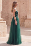 Robe de bal longue à bretelles fines vert foncé A Line