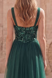 Robe de bal longue à bretelles fines vert foncé A Line