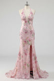 Robe de bal longue de promo rose sirène scintillante rose fleuri à col nu dos, avec fente