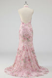 Robe de bal longue de promo rose sirène scintillante rose fleuri à col nu dos, avec fente