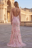 Robe de bal longue de promo rose sirène scintillante rose fleuri à col nu dos, avec fente