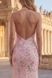 Robe de bal longue de promo rose sirène scintillante rose fleuri à col nu dos, avec fente