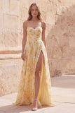 Robe de soirée longue jaune sans bretelles ligne A imprimé floral avec fente