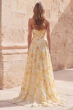 Robe de soirée longue jaune sans bretelles ligne A imprimé floral avec fente