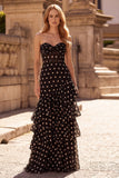 Robe longue de bal à pois noirs à pois à pois, corset à volants et à volants