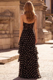 Robe longue de bal à pois noirs à pois à pois, corset à volants et à volants
