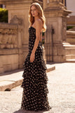Robe longue de bal à pois noirs à pois à pois, corset à volants et à volants