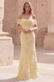 Robe de bal longue sirène jaune dénudée avec broderie florale