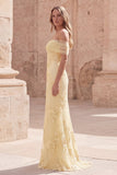 Robe de bal longue sirène jaune dénudée avec broderie florale