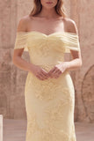 Robe de bal longue sirène jaune dénudée avec broderie florale