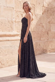 Robe de bal longue longue de bal noire scintillante, ligne en A, perlée et fente
