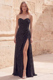 Robe de bal longue longue de bal noire scintillante, ligne en A, perlée et fente