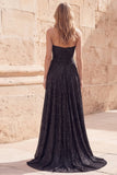 Robe de bal longue longue de bal noire scintillante, ligne en A, perlée et fente