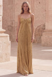 Robe de bal longue de bal à bretelles fines dorées à brides fines fines sans manches