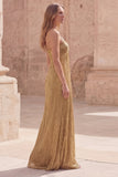 Robe de bal longue de bal à bretelles fines dorées à brides fines fines sans manches