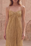 Robe de bal longue de bal à bretelles fines dorées à brides fines fines sans manches