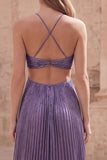 Robe longue de bal de promo longue robe de bal en ligne A violette à dos nu creusée