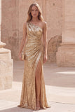 Robe de bal longue de bal sirène dorée scintillante, une épaule froncée et fente