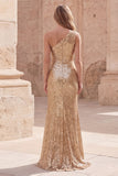 Robe de bal longue de bal sirène dorée scintillante, une épaule froncée et fente