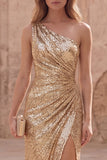 Robe de bal longue de bal sirène dorée scintillante, une épaule froncée et fente
