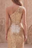 Robe de bal longue de bal sirène dorée scintillante, une épaule froncée et fente