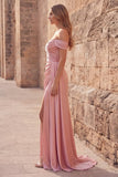 Robe de bal rose en ligne A décollée, longue robe de bal en satin froncée avec fente
