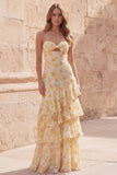 Robe longue de bal à volants jaune fleur jaune Sirène
