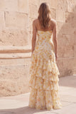Robe longue de bal à volants jaune fleur jaune Sirène