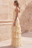 Robe longue de bal à volants jaune fleur jaune Sirène